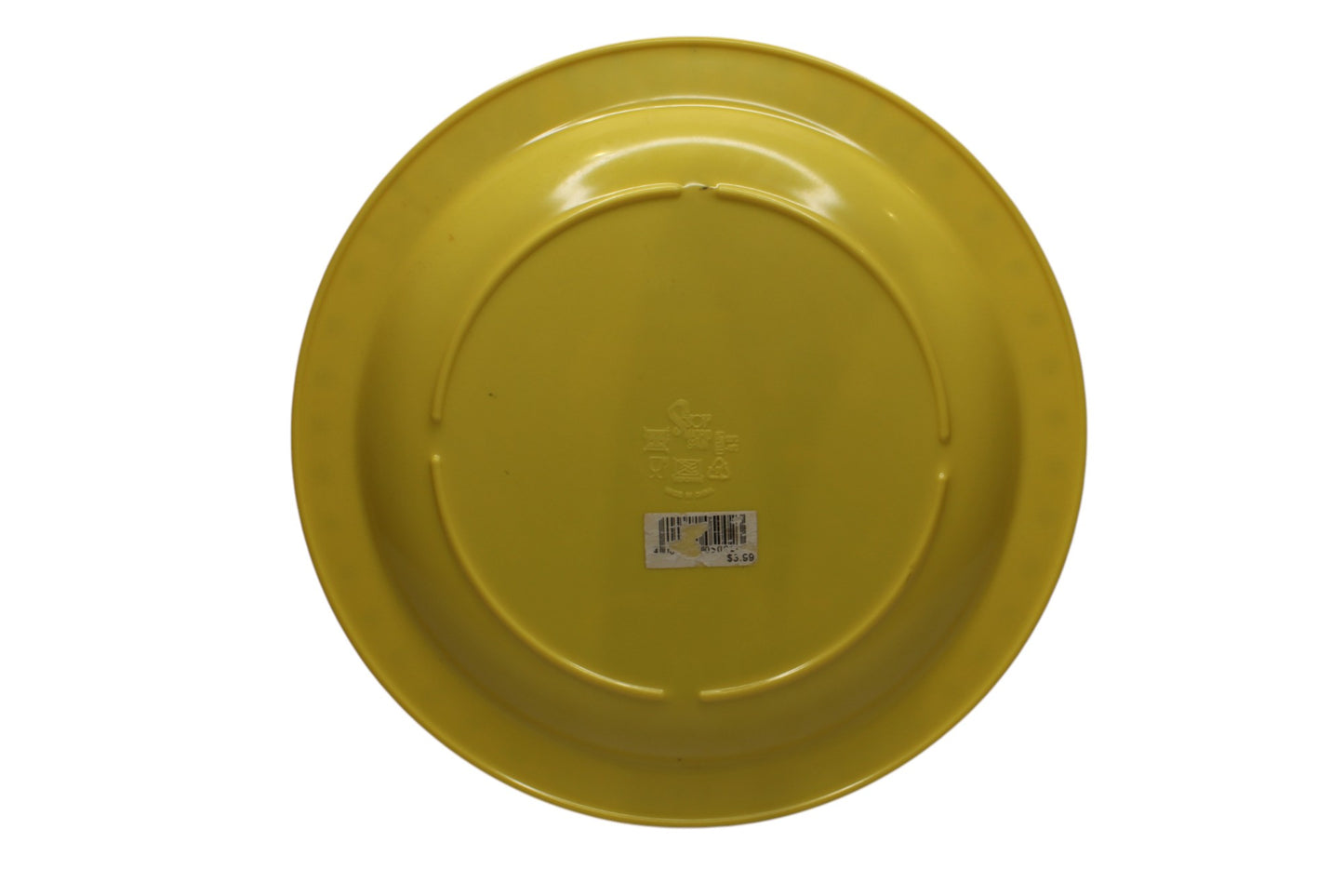 Yellow plastic plate with a brand logo on a white background