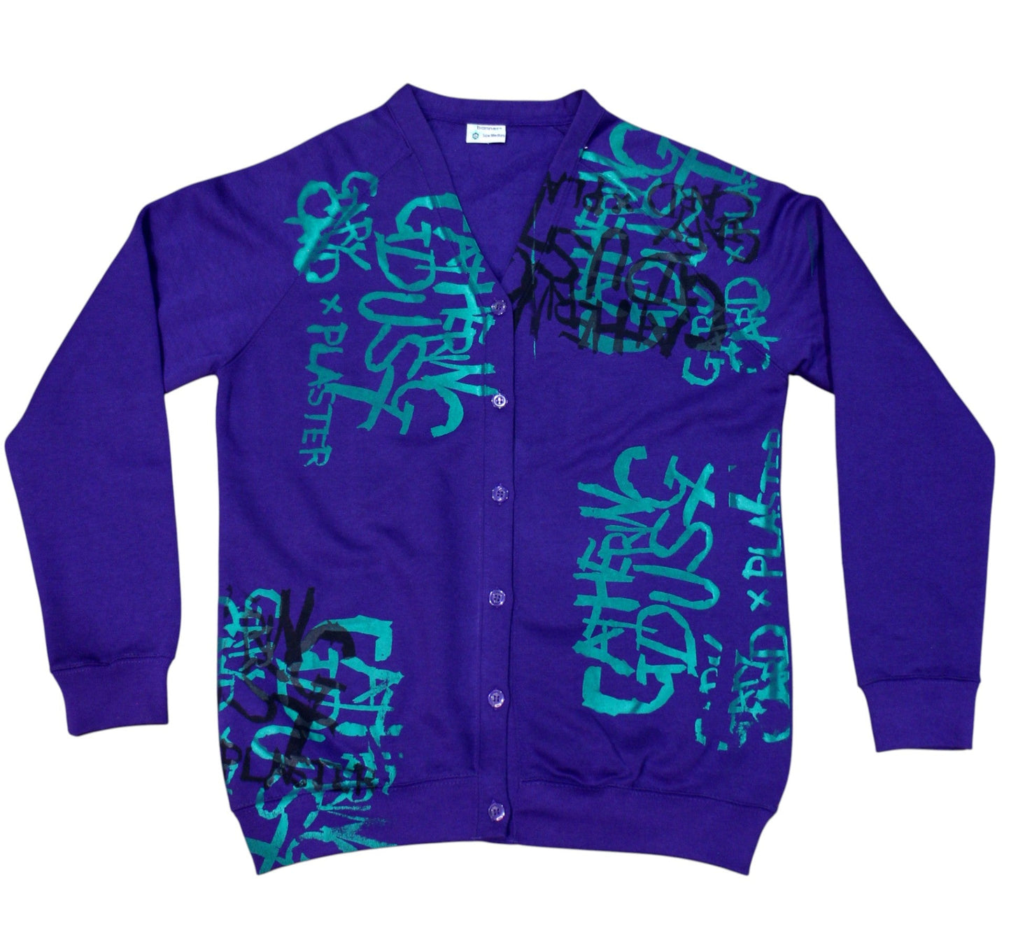 Purple cardigan with green and black text design on a white background