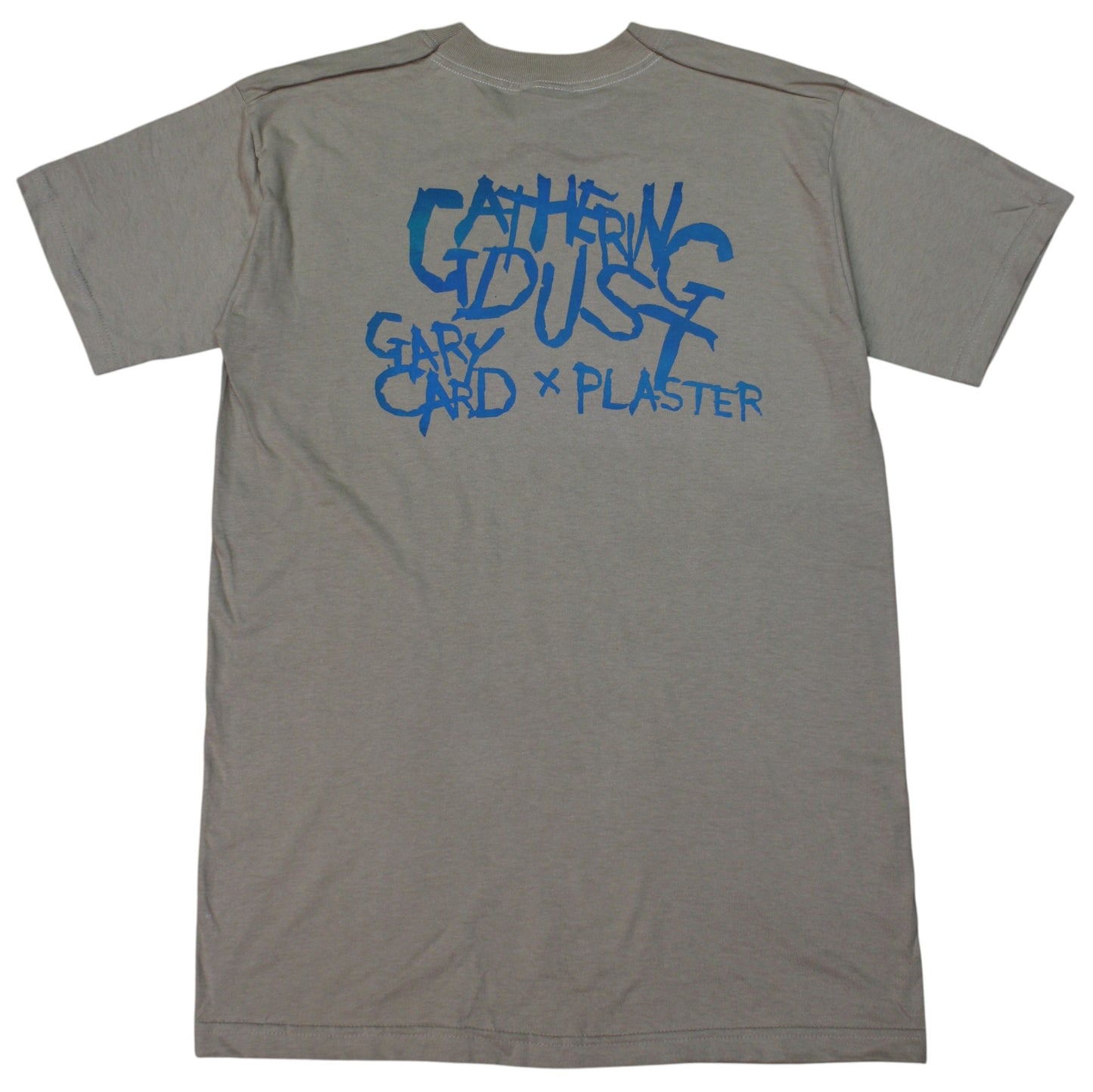 Gray t-shirt with blue text on the back against a white background