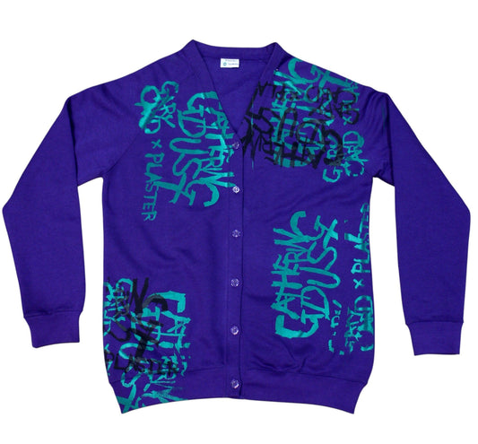 Purple cardigan with green and black text design on a white background