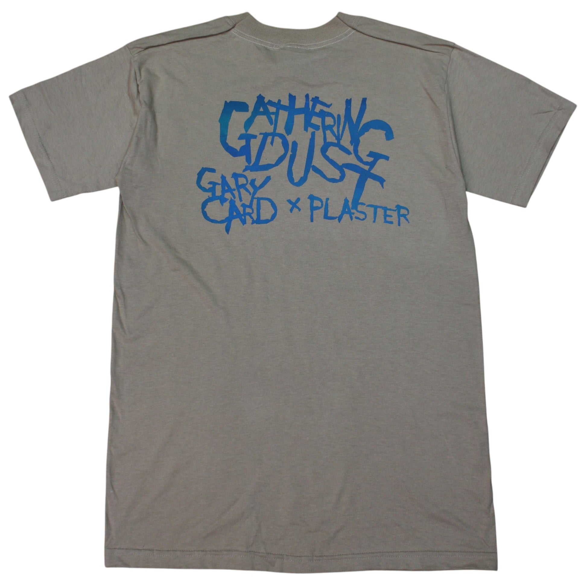 Gray t-shirt with blue text on the back against a white background