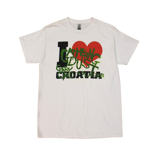 White t-shirt with 'I love Croatia' graphic on a white background