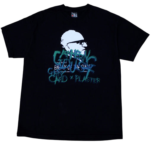 Black t-shirt with graphic design and text on a white background